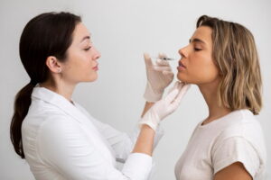 Ácido hialurónico reticulado y no reticulado: Diferencias, usos y beneficios 4 Una doctora morena le aplica a una paciente una inyección de ácido hialurónico en el labio